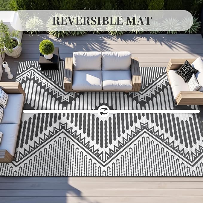 MontVoo Outdoor Rug-Waterproof Patio Rug Mat 5x8 Outdoor Carpet Mat Reversible Plastic Straw Outside Outdoor Rug for RV Camping Picnic Beach Balcony Backyard Pool Deck Porch Modern Boho Grey