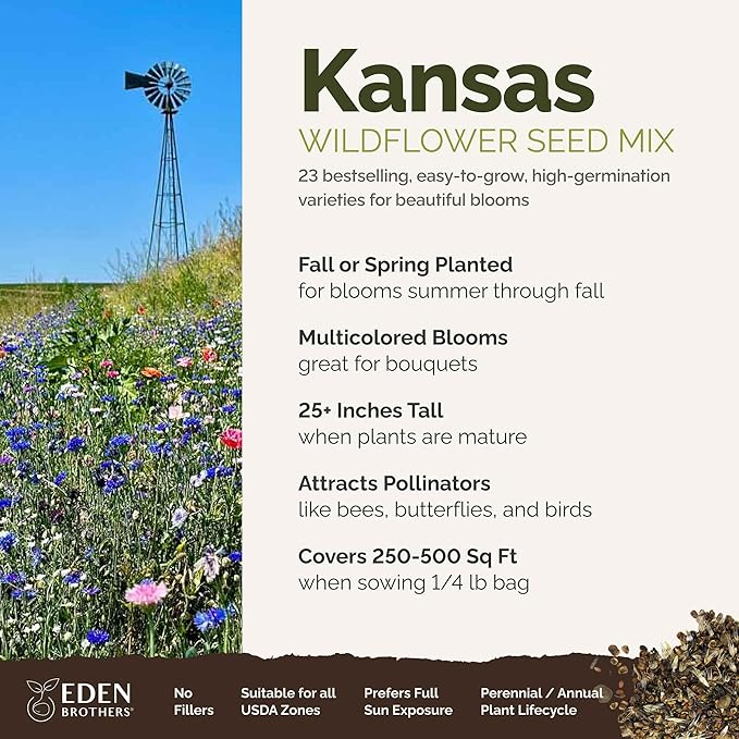 Eden Brothers Kansas Wildflower Mixed Seeds for Planting, 1/4 lb, 120,000+ Seeds with Candytuft, Cosmos | Attracts Pollinators, Plant in Spring or Fall, Zones