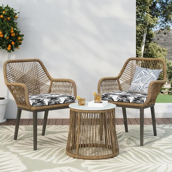 Favoyard Outdoor Chair Cushion 19 x 19 x 3 In Waterproof Pattern Fade Resistant Cushions for Patio Furniture with Removable Cover Attach Straps 28D Foam Insert Cushions Pads for Seat Sofa Couch 2 Pack