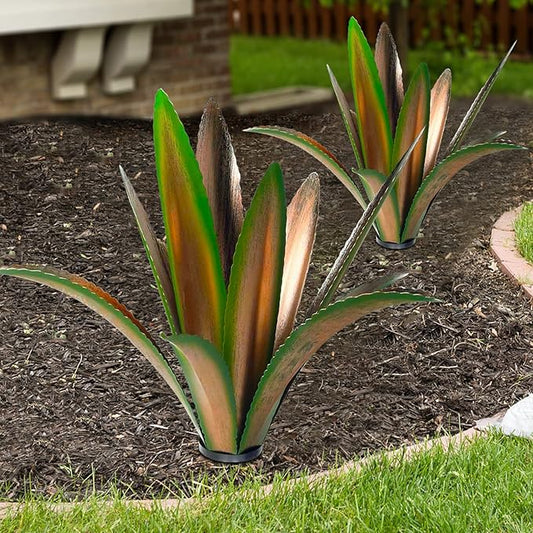Enlarge thickened Wind Resistant Metal Agave Garden Art Metal Plant Country Garden Sculpture Statue Outdoor decoration Agave Metal Plant Courtyard Garden Lawn Ornament Gift (2, 12 Leaves Green)