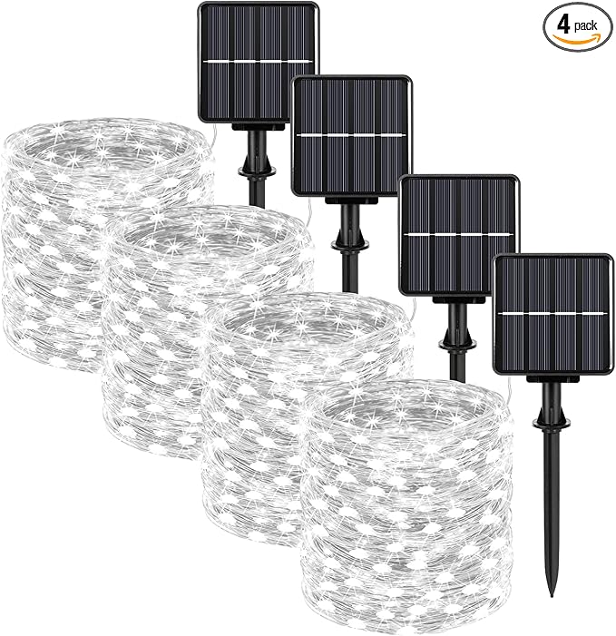 Extra-Long 288FT 800LED Solar Fairy String Lights, 4-Pack 72FT 200 LED Outdoor Twinkle Lights Waterproof 8 Lighting Modes Cool White Silver Wire Lights for Deck Backyard Tree Garden Fence Pool Party