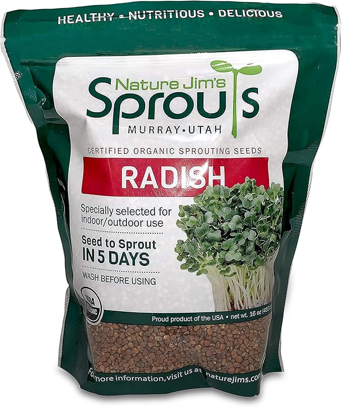 Nature Jims Radish Sprout Seeds – 16 Ounce Organic Sprouting Seeds – Non-GMO Premium Radish Seeds – Resealable Bag for Longer Freshness – Rich in Vitamins, Minerals, Fiber