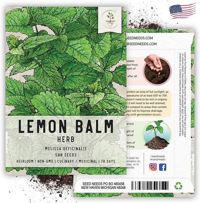 Seed Needs Lemon Balm Seeds for Planting - Non-GMO, Heirloom & Untreated Perennial Medicinal Herb - Plant Indoors/Outdoors Used for Making Calming Tea (2 Packs)