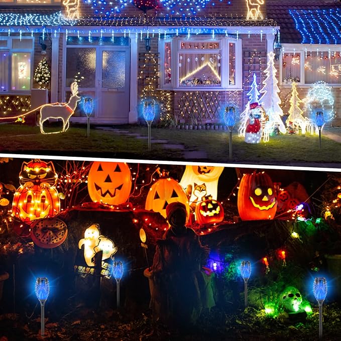 EOYIZW Solar Lights Outdoor, 12 Pack Blue Solar Torch Light with Flickering Flame, 12 LED Tiki Torches for Outside Lights Waterproof Landscape Easter Decoration Outdoor for Garden Yard