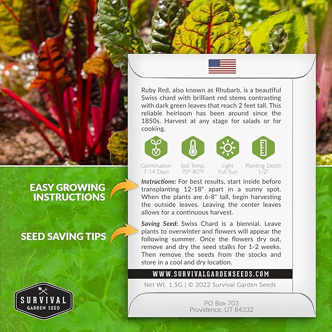 Survival Garden Seeds - Ruby Red Rhubarb Swiss Chard Seed for Planting - Packet with Instructions to Plant and Grow Delicious Leafy Greens in Your Home Vegetable Garden - Non-GMO Heirloom Variety