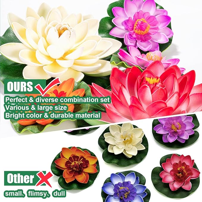 Artificial Lily Pads for Pond, 11in & 6in Artificial Flowers Floating Foam Lotus Flower with Fake Lily Pads, for Pool Garden Koi Fish Pond Aquarium Pool Wedding Decor, 14PCS
