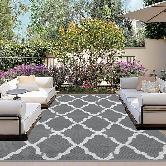 OutdoorLines Outdoor Plastic Area Rugs for Patio 5x8 ft - Reversible Outside Carpet, Stain & UV Resistant RV Mats, Straw Rug for Camping, Deck Garden, Porch and Balcony, Moroccan Grey & Light Grey