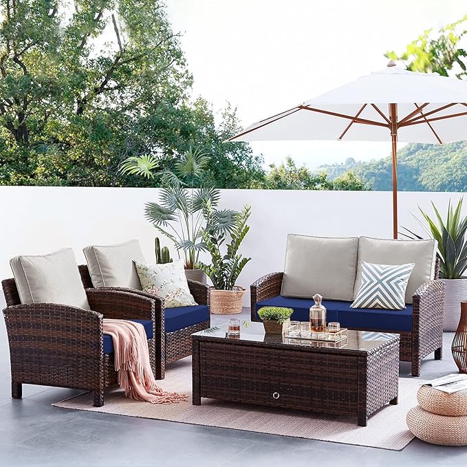 Favoyard Patio Chair Cushions 22 x 22 x 3 Inch Waterproof Outdoor Seat Cushions for Patio Furniture 3-Year Color Fastness Garden Sofa Couch Pads with Handle & Adjustable Straps Set of 2, Blue
