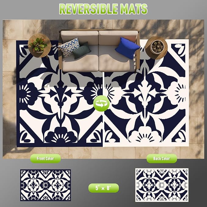 WILDROOTS 5x8 Feet Klein Plastic Outdoor Rug, Stain Resistant Waterproof Reversible Outdoor Patio Rug, Fade Resistant Camping Rug