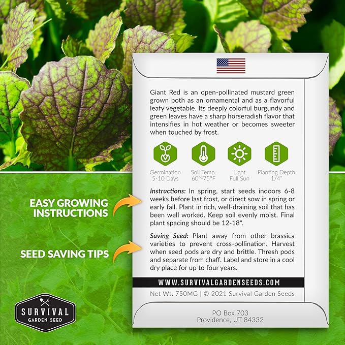 Survival Garden Seeds - Giant Red Mustard Greens Seed for Planting - 5 Packs with Instructions to Plant and Grow Spicy Brassica Juncea Leaves in Your Home Vegetable Garden - Non-GMO Heirloom Variety