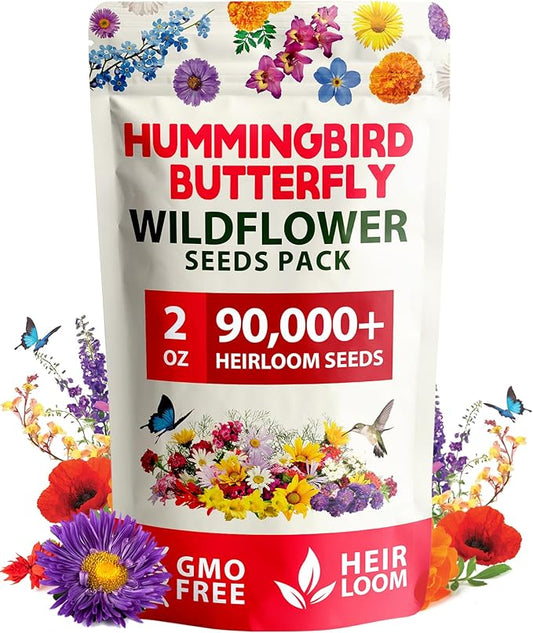 HOME GROWN 58,500+ Wildflower Seeds - Premium Birds & Butterflies Wildflower Seed Mix (2oz) Flower Garden Seeds - Bulk Wild Flowers: 23 Wildflowers Varieties of 100% Non-GMO Annual Flower Seeds