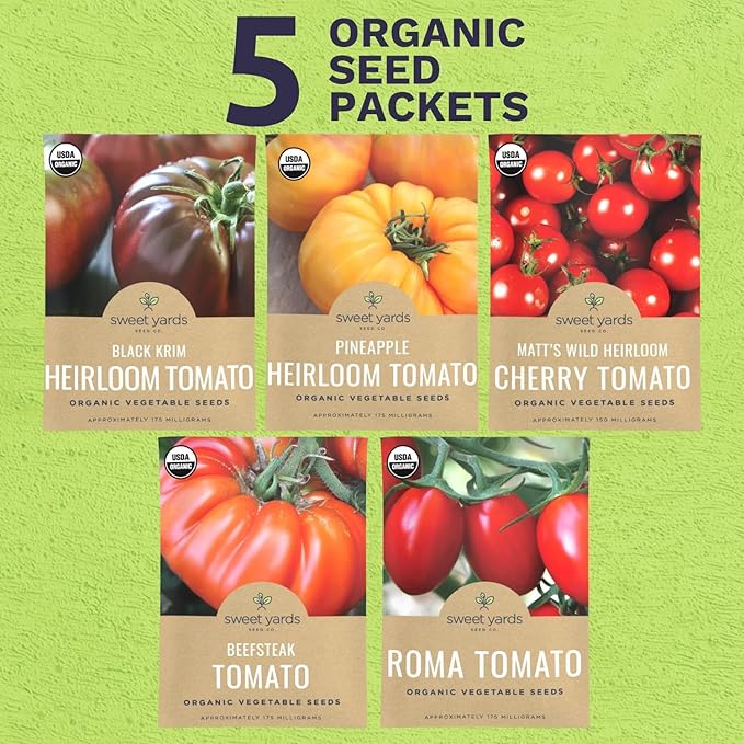 Organic Tomato Seeds Variety Pack - 5 Individual Packs - 2025 Season - Roma, Beefsteak, Cherry, Black Krim & Pineapple. for Indoor & Outdoor Planting (Non-GMO, Certified Organic)