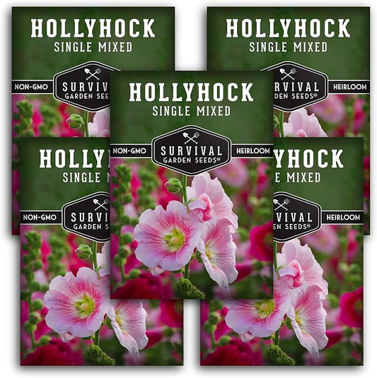 Survival Garden Seeds - Single Mixed Hollyhock Seed for Planting - 5 Packs with Instructions to Plant and Grow Colorful Spikes of Flowers in Your Home Vegetable Garden - Non-GMO Heirloom Variety
