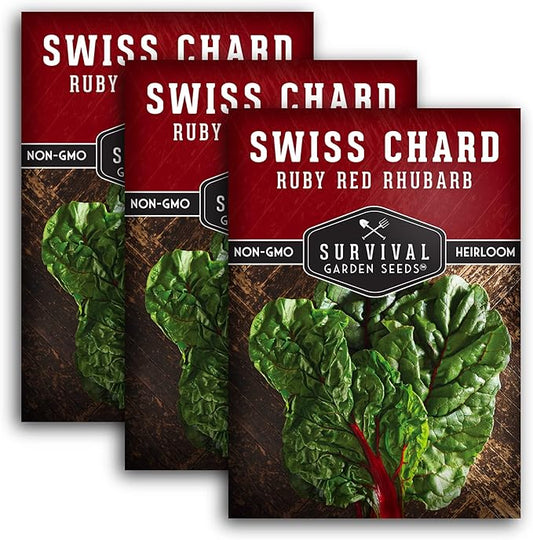 Survival Garden Seeds - Ruby Red Rhubarb Swiss Chard Seed for Planting - 3 Packs with Instructions to Plant and Grow Delicious Leafy Greens in Your Home Vegetable Garden - Non-GMO Heirloom Variety