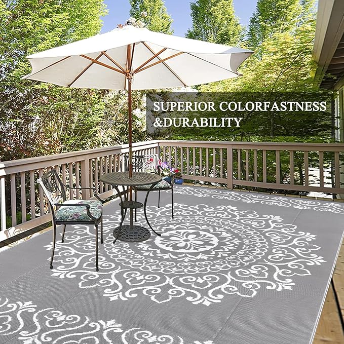 Pauwer Waterproof Outdoor Rug 9x12, Reversible Plastic Straw Patio Camping Rug, Indoor Outdoor RV Mat Carpet for Deck, Camper, Porch, Balcony, Backyard, Picnic, Floral Grey