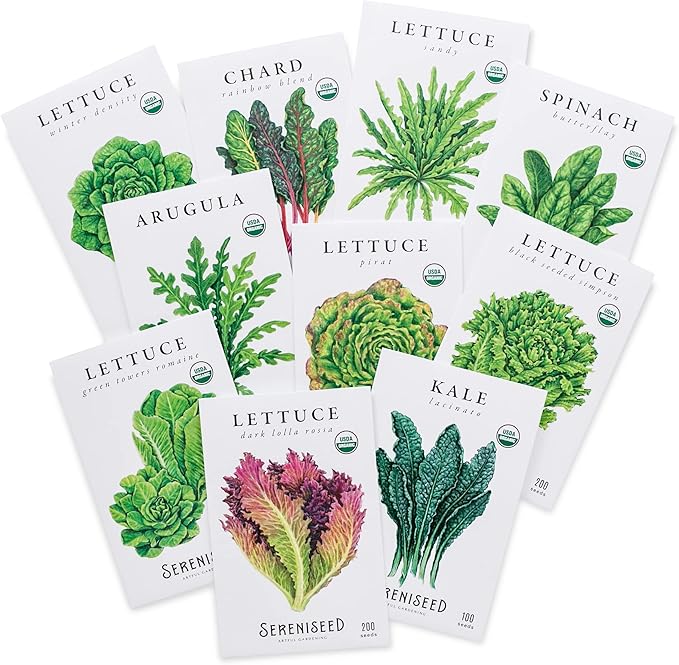 Sereniseed Certified Organic Leafy Greens Lettuce Seeds Collection (10-Pack) – 100% Non GMO, Open Pollinated – Grow Guide