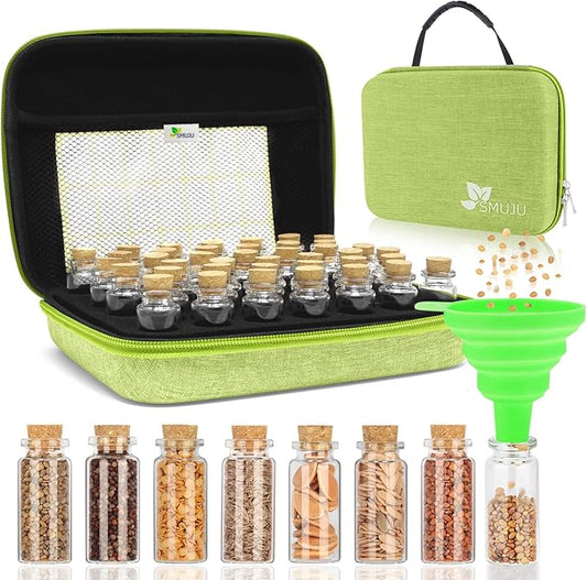 【40 Slots】 Seed Storage Organizer, Sturdy Seed Organizer Storage Box with Dual Zipper Bag and 42Pcs Label Stickers, Glass Seed Storage Container for Flower Vegetable Plants Garden Seeds Saving, Green