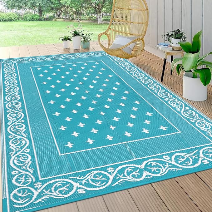 Pauwer Waterproof Outdoor Rug 6x9, Reversible Plastic Straw Patio Camping Rug, Indoor Outdoor RV Mat Carpet for Deck, Camper, Porch, Balcony, Backyard, Picnic, Bordered Teal