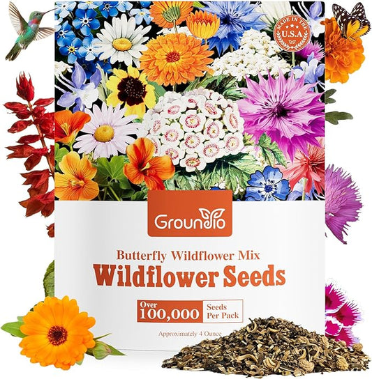 Wildflower Seeds Bulk, 4 Oz, 100,000+ Seeds, 26 Variety Flowers Seeds Mix Seeds for Planting, Annual Perennial Butterfly Garden Seeds for Attracting Birds and Bees
