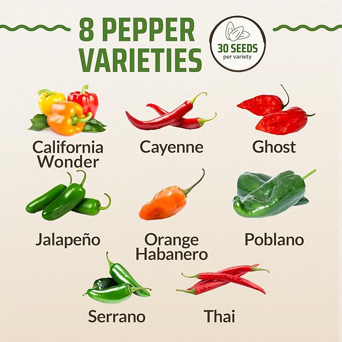 Rooted Acre 8 Varieties Pepper Seeds - Non GMO, USA, Heirloom Hot Pepper Seeds inc Ghost and Jalapeno - High Germinating Pepper Seeds for Planting Home Garden: Serrano, California Wonder, and More