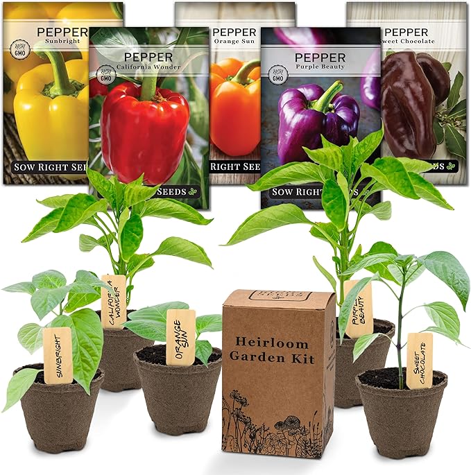 Sow Right Seeds - Heirloom Bell Pepper Seeds Vegetable Growing Kit - 5 Bell Pepper Varieties - Pots & Potting Soil - Non-GMO Packets with Instructions to Plant a Productive Garden - Wonderful Gift