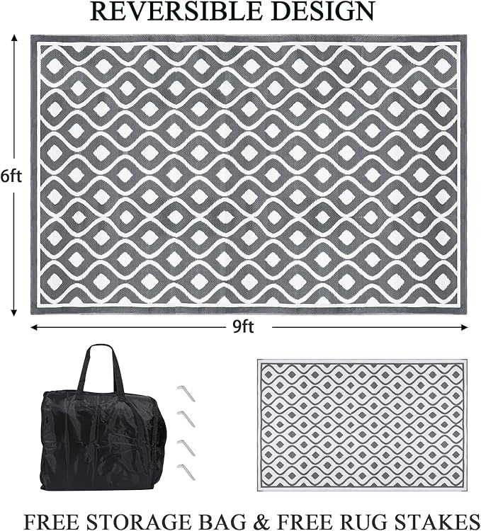 Pauwer Waterproof Outdoor Rug 6x9, Reversible Plastic Straw Patio Camping Rug, Indoor Outdoor RV Mat Carpet for Deck, Camper, Porch, Balcony, Backyard, Picnic, Geometric Grey