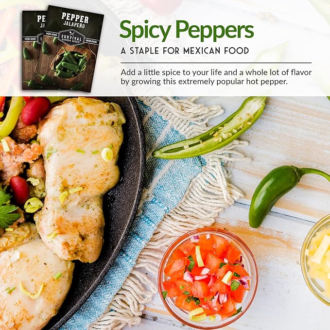 Survival Garden Seeds - Jalapeño Pepper Seed for Planting - Packet with Instructions to Plant and Grow Green or Red Chili Peppers in Your Home Vegetable Garden - Non-GMO Heirloom Variety - 5 Pack