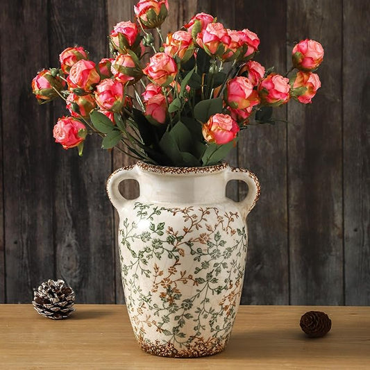 Enra Farmhouse Vintage vase with Handle,9.4 in Ceramic Chinoiserie Floral Vase,Green and Beige Decorative Flower vase,Large Rustic Vases for Home Decors, Living Room, Bookshelf, Office