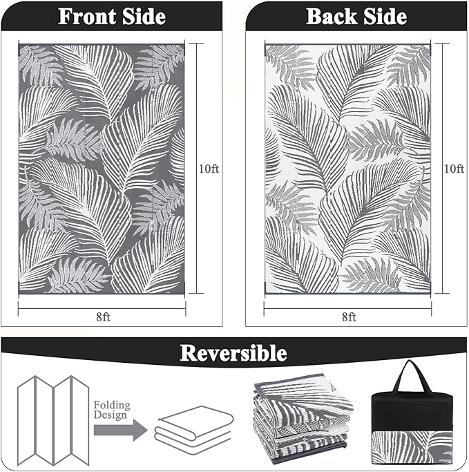 Pauwer Waterproof Outdoor Rug 8x10, Reversible Plastic Straw Patio Camping Rug, Indoor Outdoor RV Mat Carpet for Deck, Camper, Porch, Balcony, Backyard, Picnic, Leaf Grey