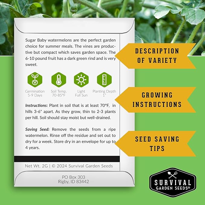 Survival Garden Seeds - Sugar Baby Watermelon Seed for Planting - 2 Packs with Instructions to Plant and Grow Little Round Watermelons in Your Home Vegetable Garden - Non-GMO Heirloom Variety