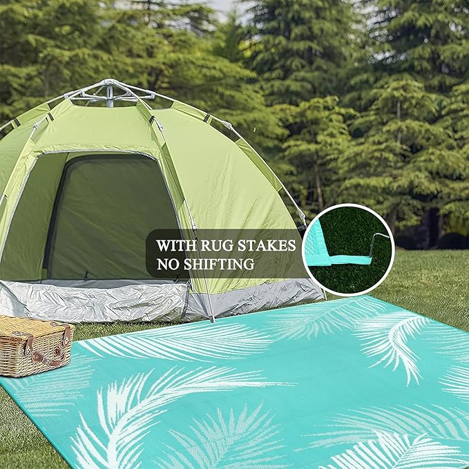 Pauwer Waterproof Outdoor Rug 8x10, Reversible Plastic Straw Patio Camping Rug, Indoor Outdoor RV Mat Carpet for Deck, Camper, Porch, Balcony, Backyard, Picnic, Leaf Light Blue