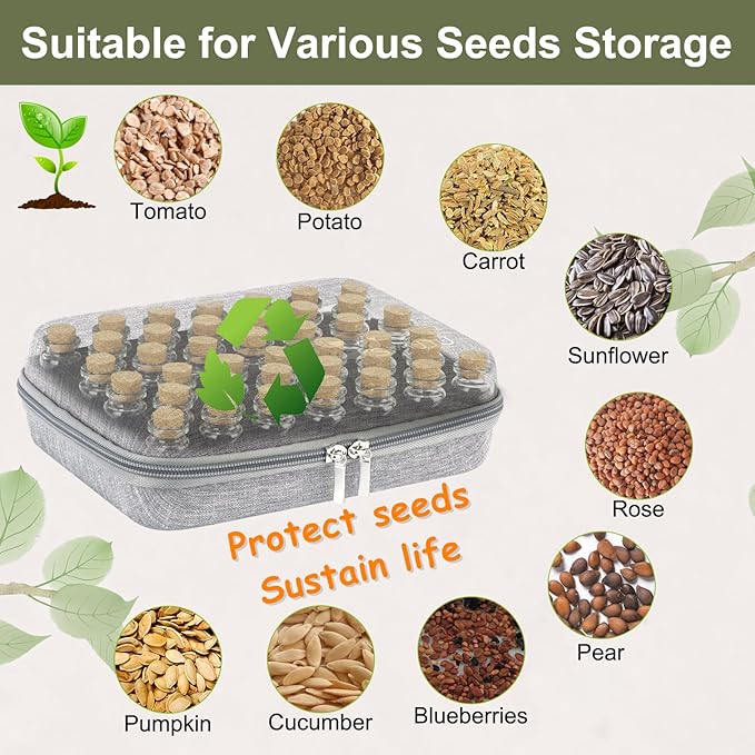 【40 Slots】 Seed Storage Organizer, Sturdy Seed Organizer Storage Box with Dual Zipper Bag and 42Pcs Label Stickers, Glass Seed Storage Container for Flower Vegetable Plants Garden Seeds Saving
