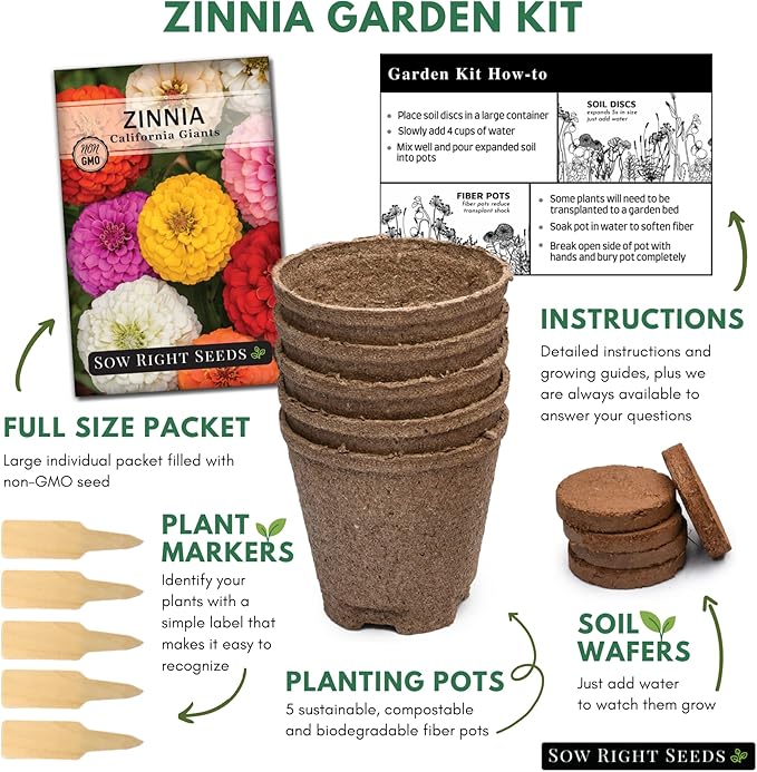 Sow Right Seeds - Zinnia Seeds for Planting Outdoors - Grow Your own Flowers Kit - Includes Pots & Potting Soil - Non-GMO Packet with Instructions - Beautiful to Plant in Your Garden - Gardening Gift