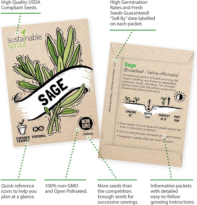 Culinary Herb Seeds Variety Pack: 10 Spice Herbs, Hydroponic Garden Indoors, Heirloom Planting Basil, Parsley, Sage, Thyme, Rosemary, Cilantro, Chives Dill Oregano, Summer Savory by Sustainable Sprout