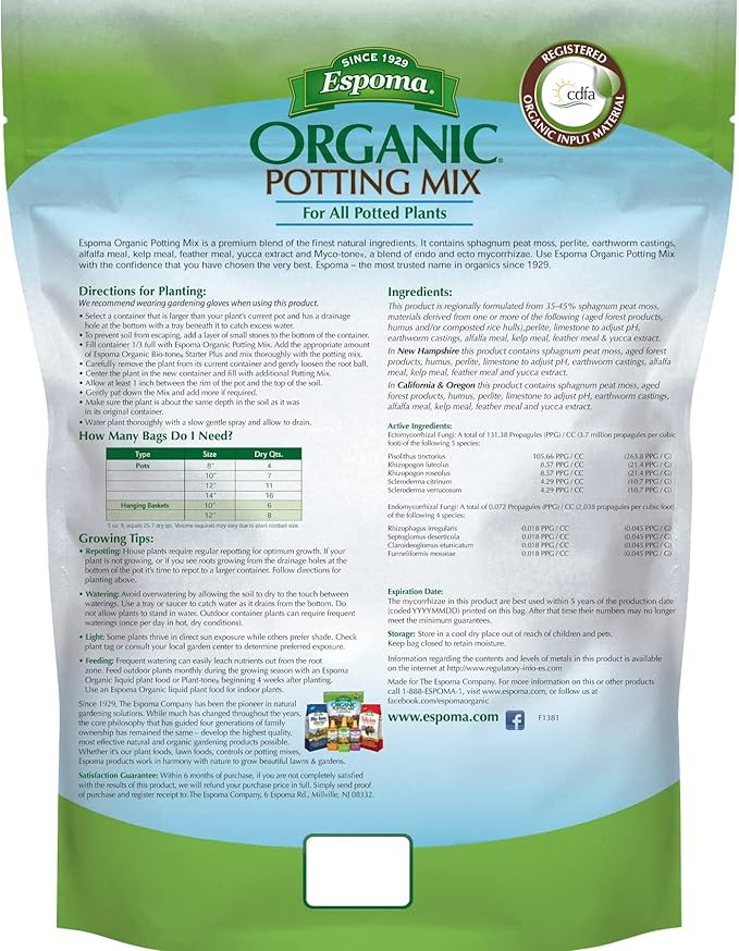 Espoma Organic Potting Soil Mix - All Natural Potting Mix For All Indoor & Outdoor Containers Including Herbs & Vegetables. For Organic Gardening, 8qt. bag. Pack of 1