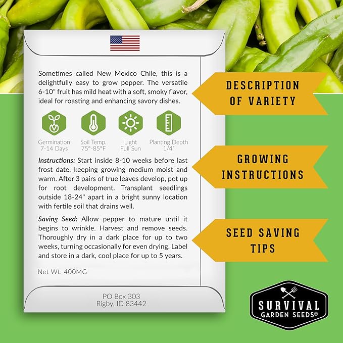 Survival Garden Seeds Anaheim Chili Pepper Seed for Planting - 1 Packet with Instructions to Plant & Grow Mild to Medium Hot Chile Peppers in Your Home Vegetable Garden - Non-GMO Heirloom Variety
