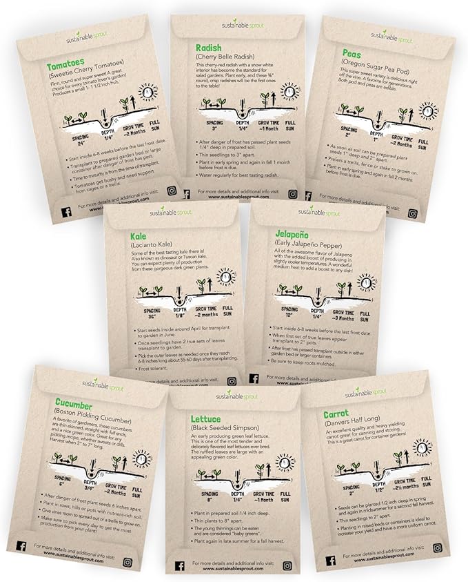 Garden Seeds for Planting Vegetables: 8 Organic Vegetable Seeds Variety Pack Planting Indoors & Outdoor, Veggie Bell Pepper, Zucchini, Kale Cucumber Peas & More Hydroponic Seeds by Sustainable Sprout