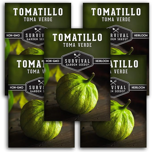 Survival Garden Seeds - Toma Verde Tomatillo Seed for Planting - 5 Packs with Instructions to Plant & Grow Green Salsa Vegetables in Your Home Vegetable Garden - Non-GMO Heirloom Variety