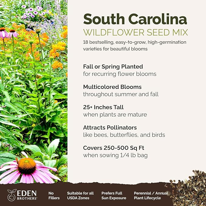 Eden Brothers South Carolina Wildflower Mixed Seeds for Planting, 1/4 lb, 120,000+ Seeds with WallFlower, Primrose | Attracts Pollinators, Plant in Spring or Fall, Zones