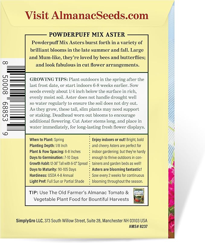 The Old Farmer's Almanac Aster Seeds (Powderpuff Mix) - Approx 360 Flower Seeds - Premium Non-GMO, Open Pollinated, USA Origin