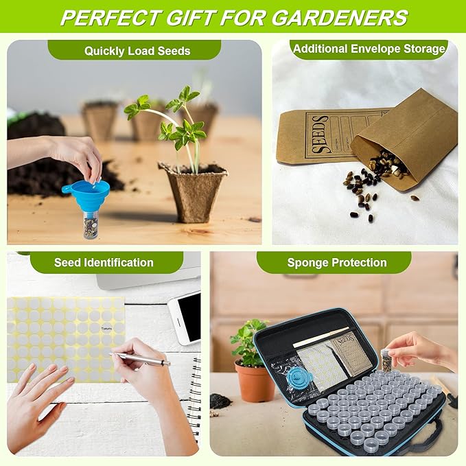60 Slots Seed Storage Organizer Box with 10 Seed Envelopes, Large Capacity Seed Storage Container with Zipper Bag, Label Stickers, Tweezers, Funnel, Garden Seeds Saver Kit for Vegetable, Flower