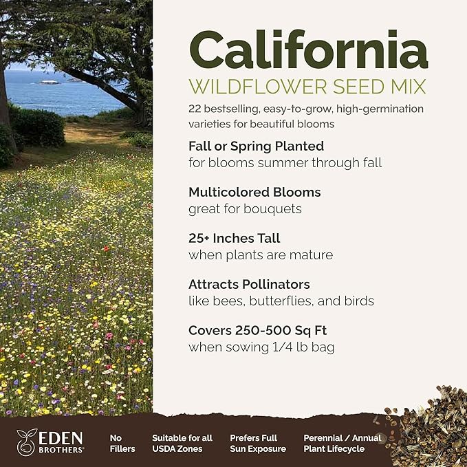 Eden Brothers California Wildflower Mixed Seeds for Planting, 1/4 lb, 120,000+ Seeds with Black Eyed Susan, Shasta Daisy | Attracts Pollinators, Plant in Spring or Fall, Zones 3, 4, 5, 6, 7, 8, 9, 10