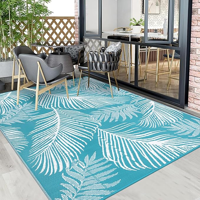 Pauwer Waterproof Outdoor Rug 8x10, Reversible Plastic Straw Patio Camping Rug, Indoor Outdoor RV Mat Carpet for Deck, Camper, Porch, Balcony, Backyard, Picnic, Leaf Teal