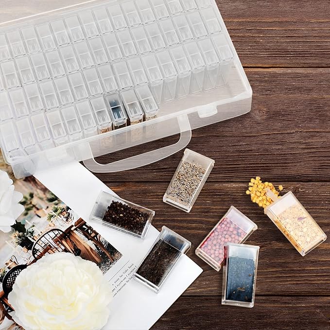 64 Slots Plastic Seed Storage Box Organizer with Label Stickers(seeds not included), Seed Container Storage use for Flower Seeds,Vegetable Seeds, Clover Seeds, Basil Seeds, Tomato Seeds