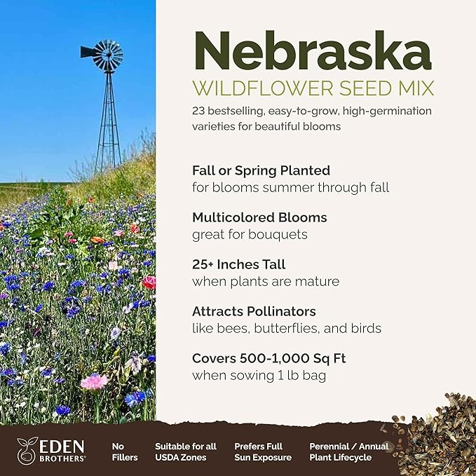 Eden Brothers Nebraska Wildflower Mixed Seeds for Planting, 1 lb, 480,000+ Seeds with Candytuft, Blanket Flower | Attracts Pollinators, Plant in Spring or Fall, Zones