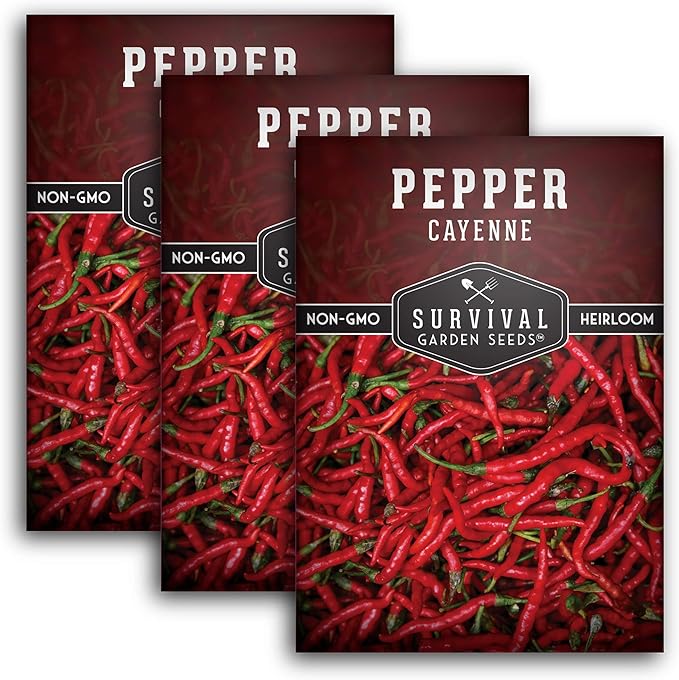 Survival Garden Seeds - Red Cayenne Pepper Seed for Planting - 3 Packets with Instructions to Plant and Grow Hot Chili Peppers in Your Home Vegetable Garden - Non-GMO Heirloom Variety - Chili Seed