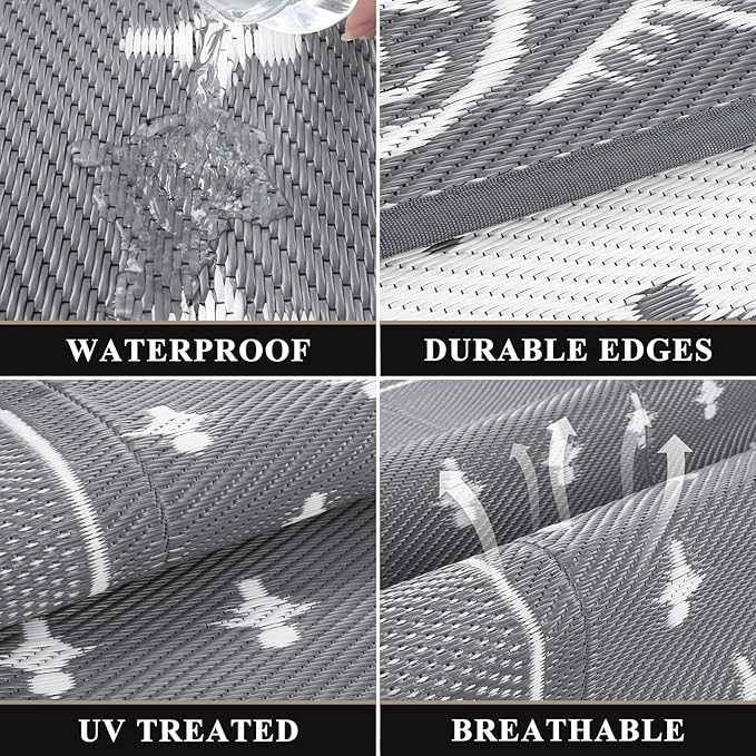 Pauwer Waterproof Outdoor Rug 8x10, Reversible Plastic Straw Patio Camping Rug, Indoor Outdoor RV Mat Carpet for Deck, Camper, Porch, Balcony, Backyard, Picnic, Bordered Grey