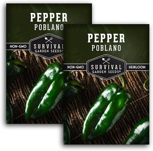 Poblano Pepper Seed for Planting - 2 Packets with Instructions to Plant and Grow Ancho Chiles in Your Home Vegetable Garden - Non-GMO Heirloom Variety - Survival Garden Seeds