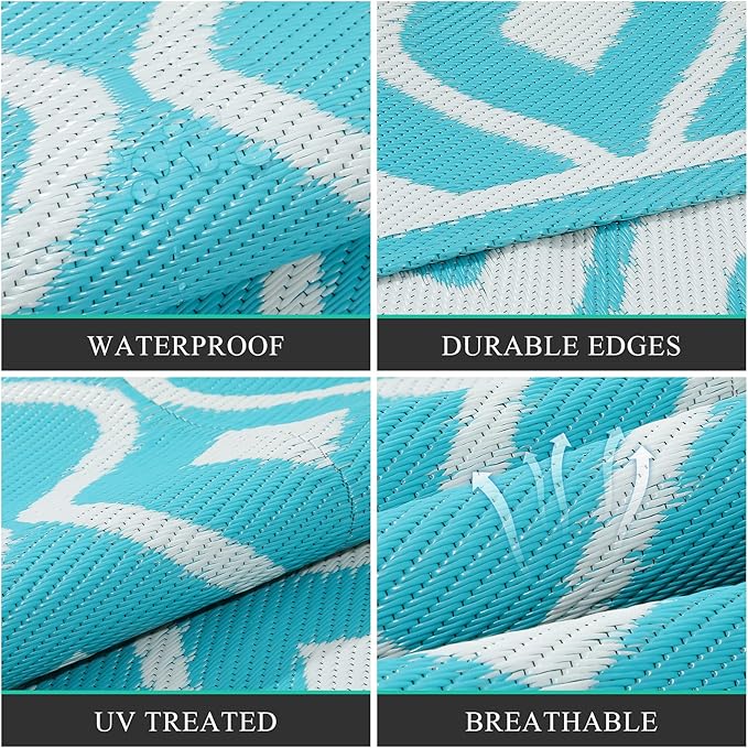 Pauwer Waterproof Outdoor Rug 6x9, Reversible Plastic Straw Patio Camping Rug, Indoor Outdoor RV Mat Carpet for Deck, Camper, Porch, Balcony, Backyard, Picnic, Geometric Teal