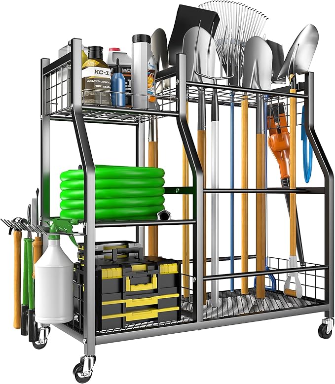 EVERHANGER Garden Tool Organizer Stand, Garage Tool Storage Organization, Yard Tool Racks with lockable wheels, Fit for Long-Handled Tools/Rakes/Brooms